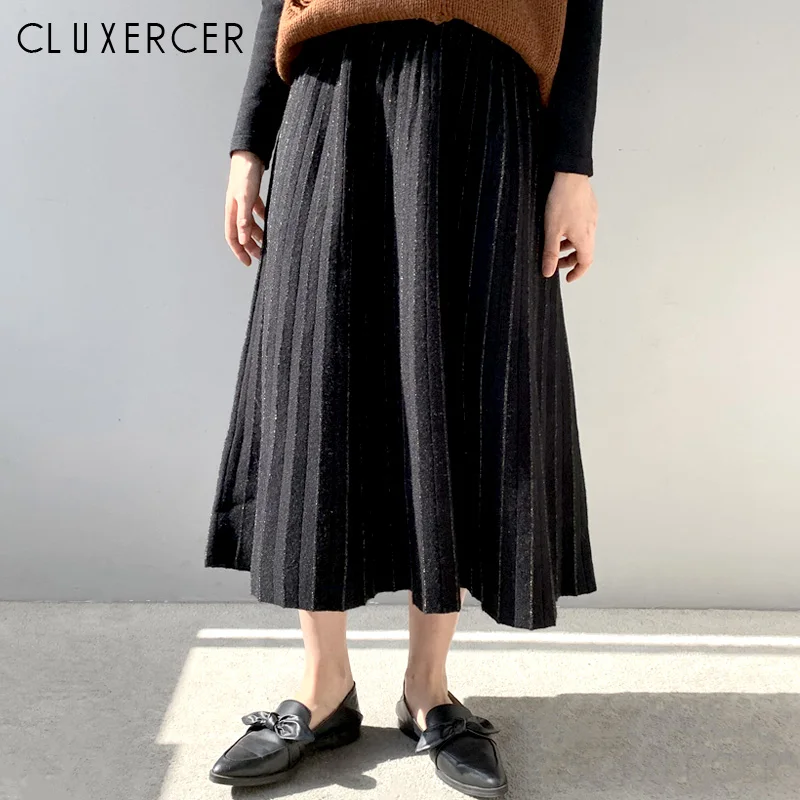 Корейский зимний женский свитер юбка эластичная высокая талия плиссированная Длинная вязаная юбка женские черные элегантные юбки