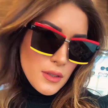 

QPeClou 2020 New Fashion Double Color Square Sunglasses Women Brand Designer Metal Oversized Sun Glasses Men Eyebrow Glasses