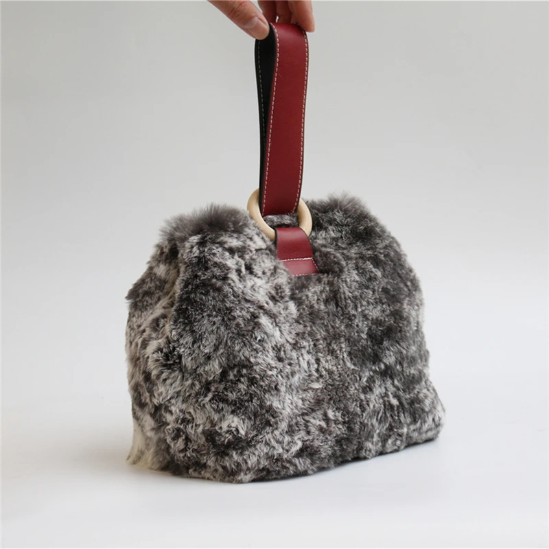 IANLAN New Womens Rex Rabbit Fur Shoulder Bags Casual Real Soft Fur Crossbody Bags Genuine Cowhide Handbags IL00557