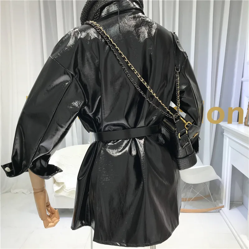 ALPHALMODA осень дизайнерский привлекательный пояс-завязывается яркая одежда из искусственной кожи средней длины пальто Женская мода PU куртка
