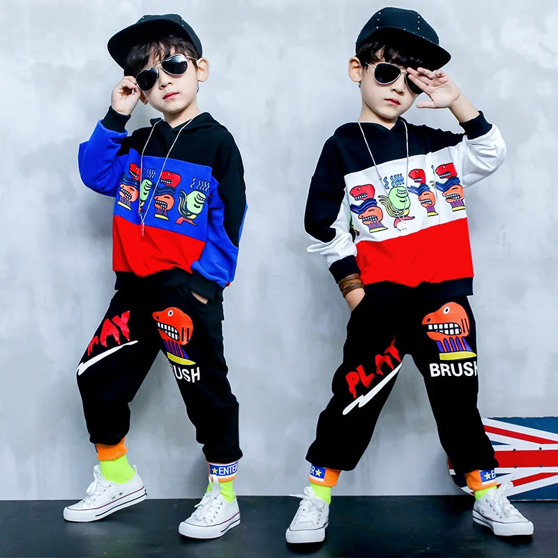 

Boys Fashion Sports Suit Cartoon Print Hooded Pullover Loose Elastic Waist Trousers 2 New Boys Spring And Autumn Casual Suits