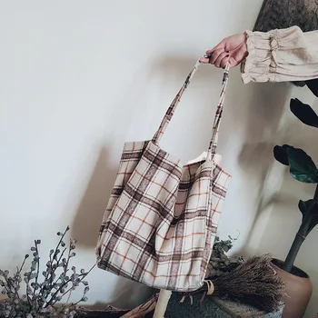 

Women Woolen Shoulder Bag Plaid Checked Pattern Fashion Tartan Cloth Hangbag Canvas Tote Cute Reusable Shopping Bags For Girls