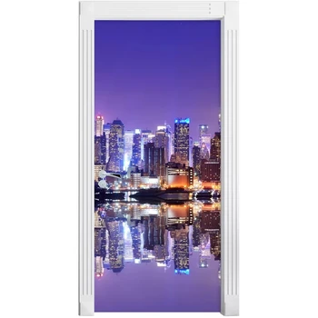 

Home Decor Decal Poster 3D Creative City Night Scenery Door Stickers Waterproof Wallpaper Print Art Picture For Kids Room Paste