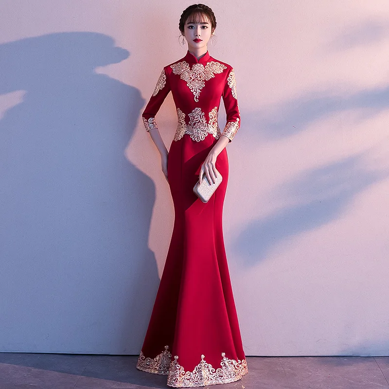 Модная Русалка длинное Cheongsam красное современное свадебное винтажное платье Qi Pao женское традиционное китайское вечернее китайское платье-Ципао акция - Цвет: Mermaid