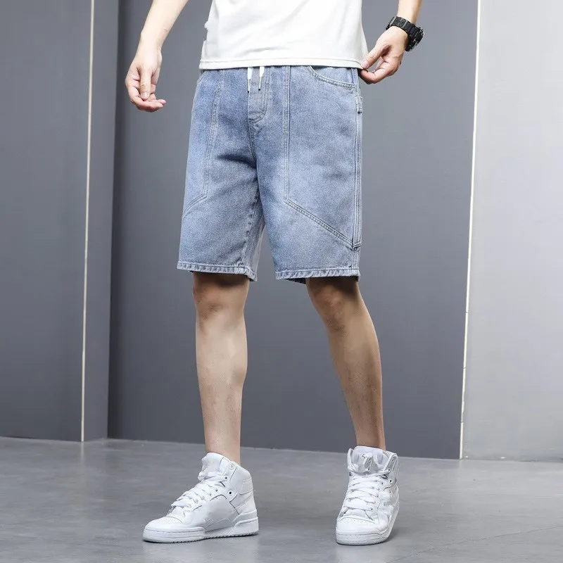 New Summer Korean Straight Loose Denim Shorts Mens Stretch Pockets Elastic Waist Adjustable Waist Large Size Knee Length Shorts casual shorts for men Casual Shorts