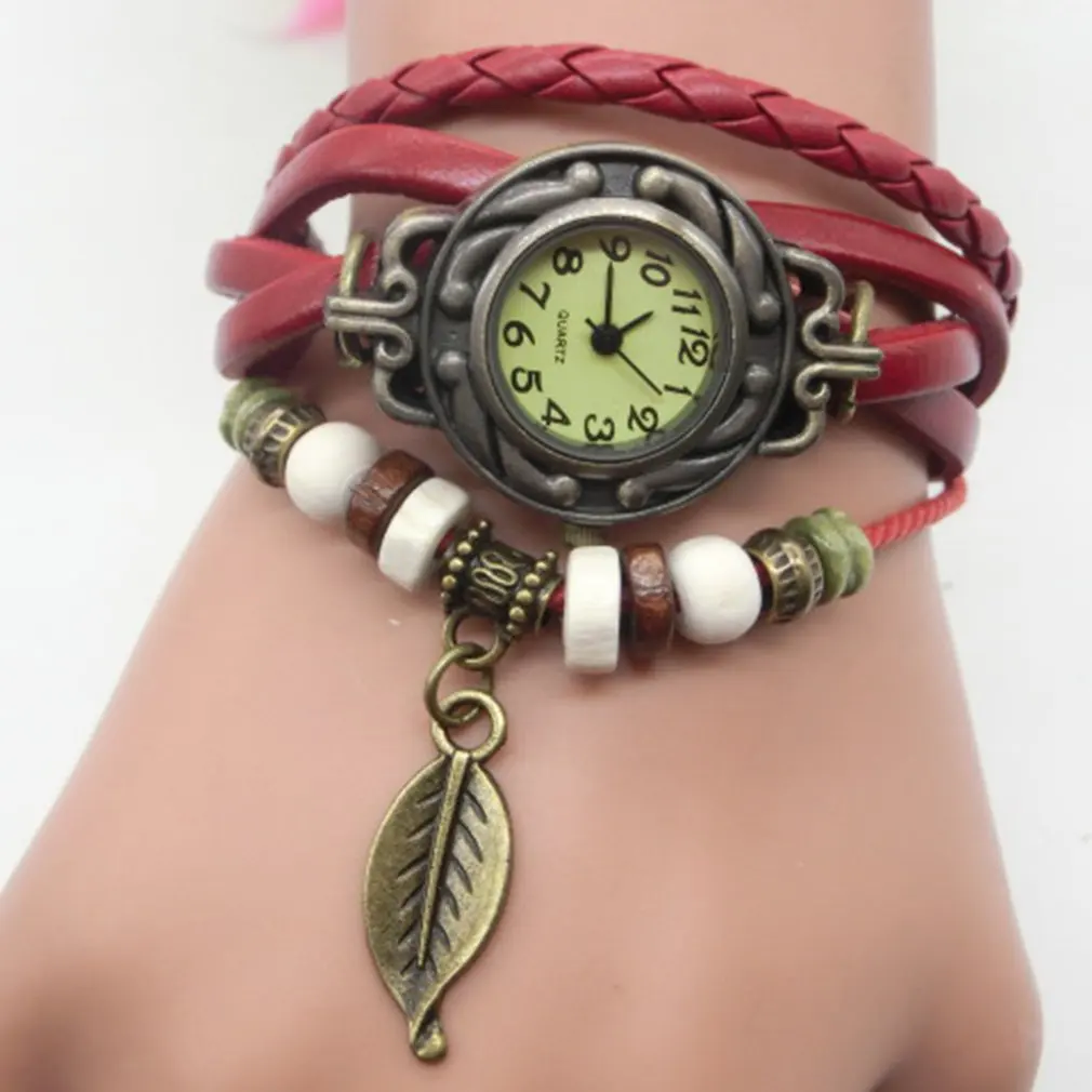 

Women's Casual Vintage Multilayer Leaf Faux Leather Bracelet Wrist Watch Ladies Retro Female Clock