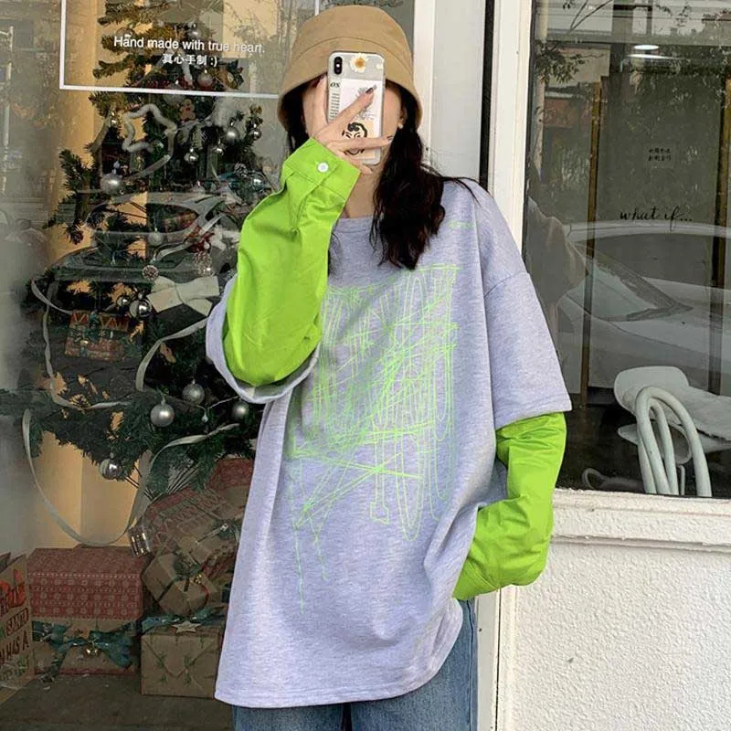 NiceMix, уличная одежда, стильные футболки с длинным рукавом, пэчворк, круглый вырез, принт, moda feminina, женская одежда, свободные женские топы, vetement f