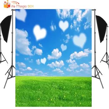 

LIFE MAGIC BOX Photographic Background Valentine's Day Hearts White Clouds Photophones for Photos Green Grass Photocall Wedding