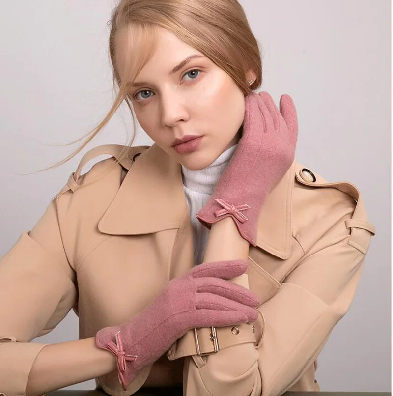 Зимние женские перчатки с сенсорным экраном, женские теплые кашемировые тонкие шерстяные перчатки, вязаные перчатки с цветочной вышивкой для вождения E84