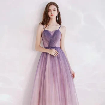 

Shining Spray Purple Long Prom Dresses Spaghetti Strap Tulle Backless A-Line Princess Wedding Pageant Guest Bridesmaid Gown 2021
