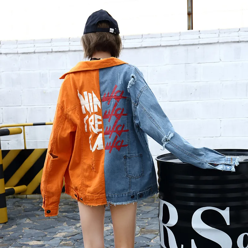 

Autumn Splice Hit color Letter Print Hole Denim jacket Women Harajuku Casual Long-sleeve Jean jacket Mujer Plus size Streetwear