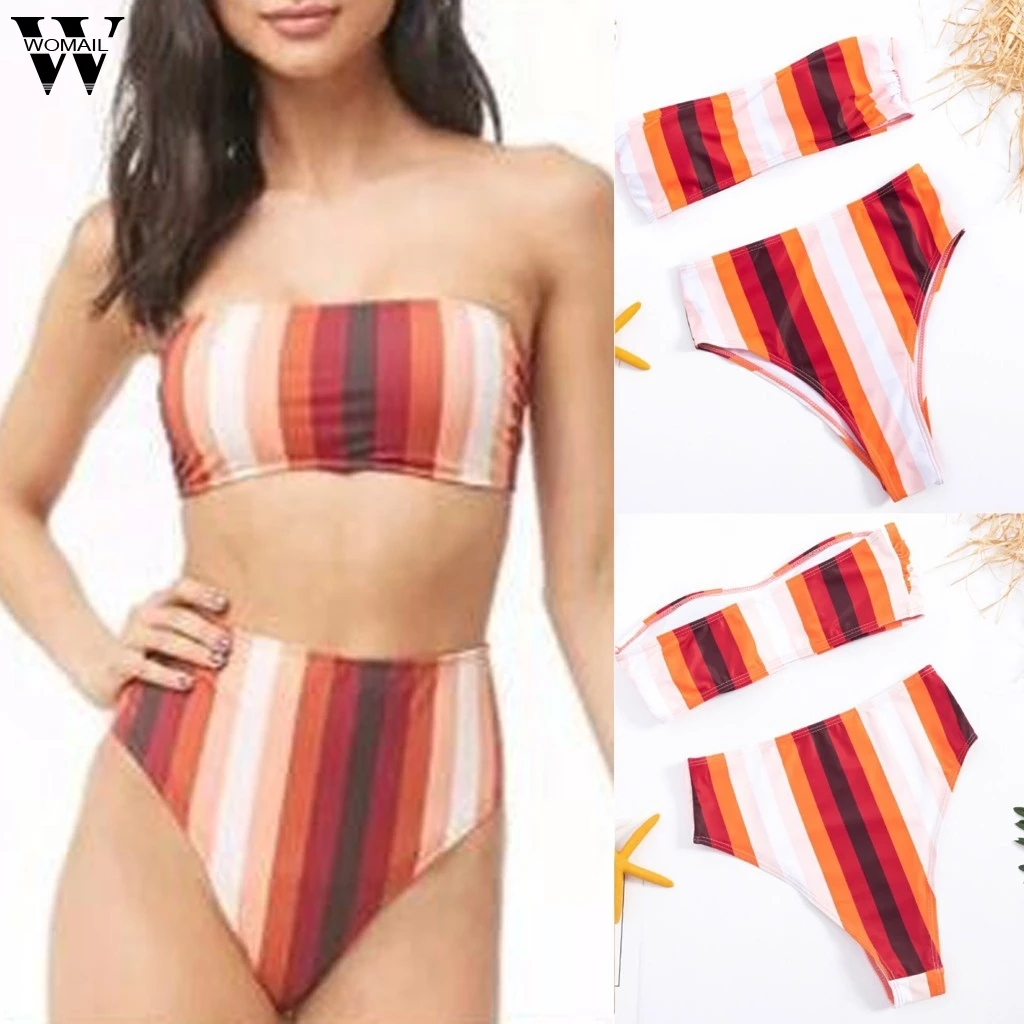 

2020 Bikini Woman summer Bandeau Push-Up Bikini Set Swimsuit Stripe Swimwear High Waist Beach Wear Bath Suit Maillot De Bain P0