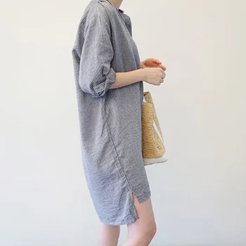 

2019 Spring Clothing Korean-style Large Size Dress Cotton Linen Casual Shirt Dress Loose-Fit Dress Mid-length Tops BF Style