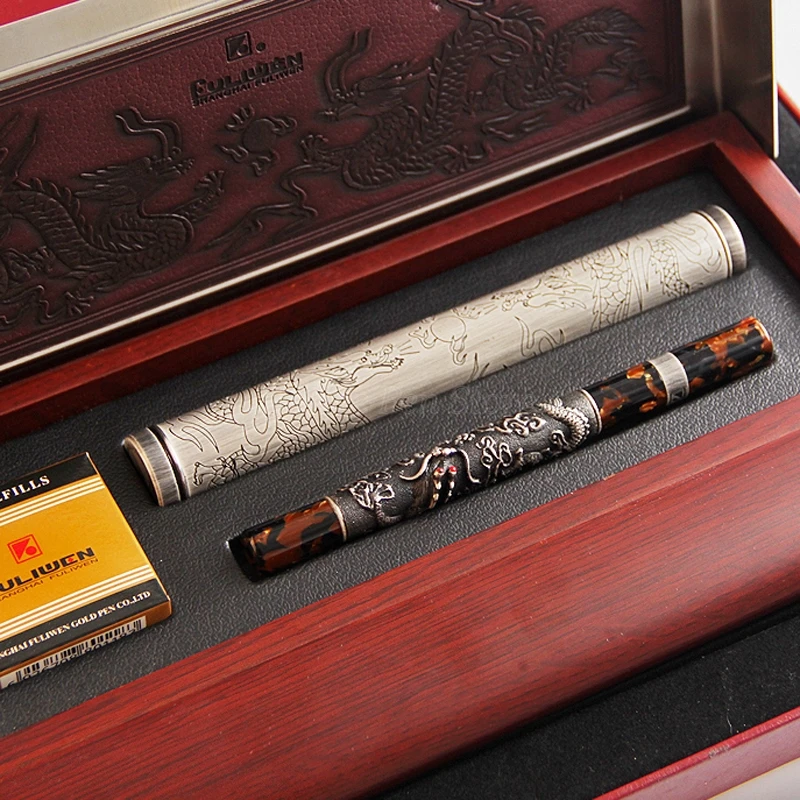 Fuliwen Metal Ancient Dragon Celluloid Grip 14K Gold Nib 0.7mm Fountain Pen Professional Stationery Supplies Writing Tool Gift