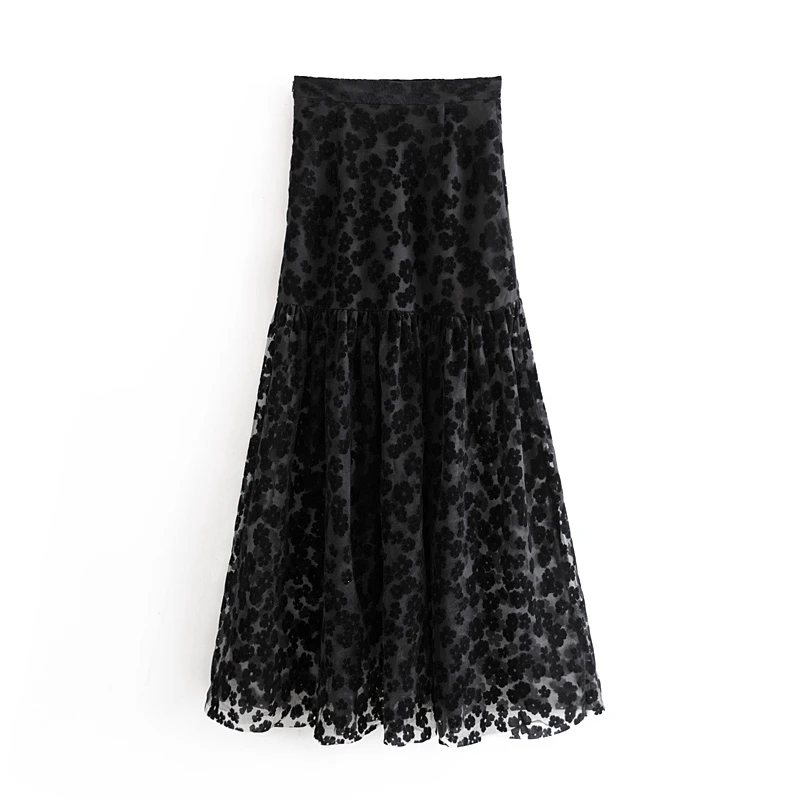 Tangada women lace mesh long skirts zipper ladies new arrival retro black embroidery maxi skirts 6A160 - Цвет: Черный