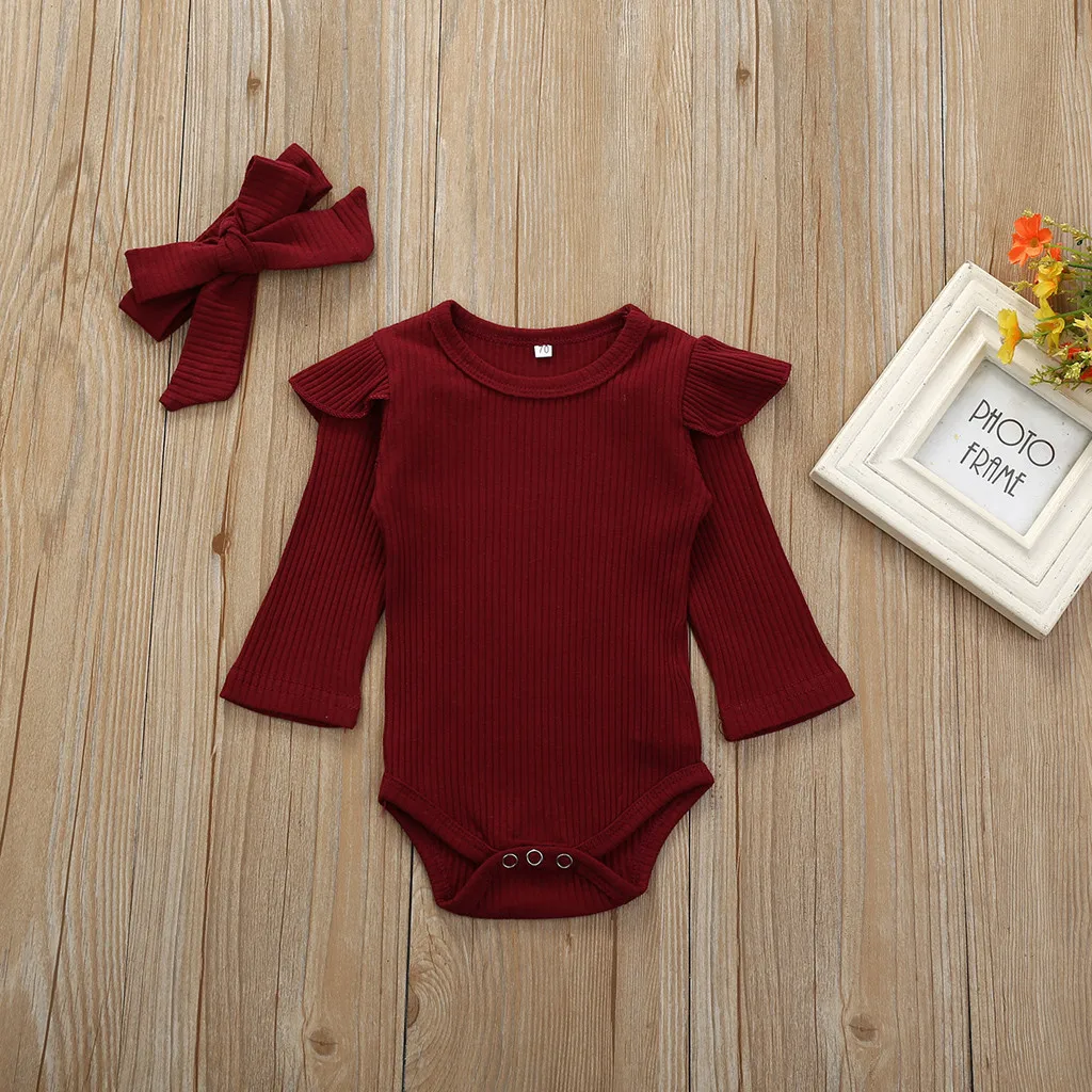 Newborn Infant Baby Girls Boys Romper Ruffle Pants Leggings Headband Outfits Set Fashion Solid Long Sleeve Baby Girl Clothes