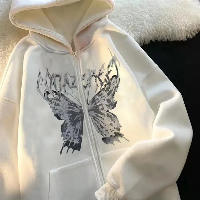 Y2k Butterfly Hoodie Women'S Zipper Harajuku Sweatshirt Fall/Winter Couples European And American Punk Oversized Hoodie Jacket L-0002 white