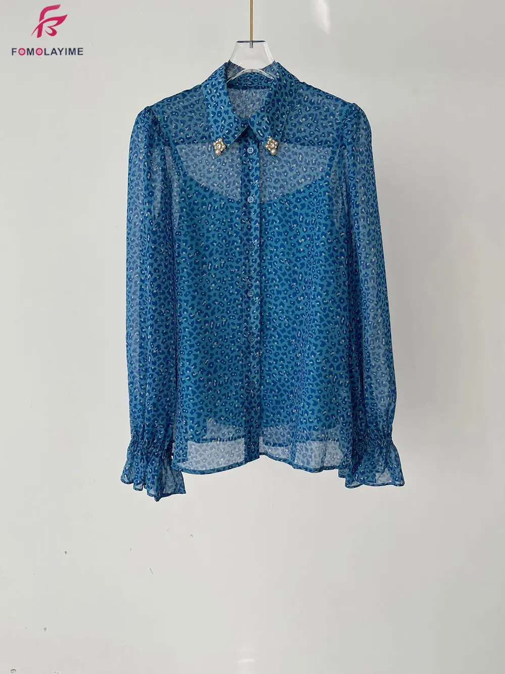 

2021 New Autumn Blouse Silk Print Blue Shirt free shipping