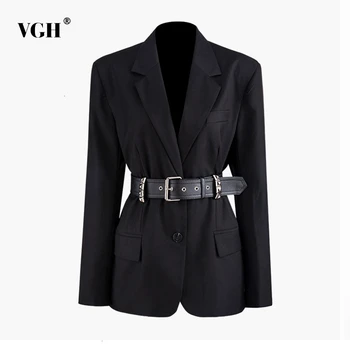 

VGH Slim Jackets For Female Lapel Collar Long Sleeve High Waist With PU Leather Sashes Women's Coats Fashion 2020 Tide Clothing