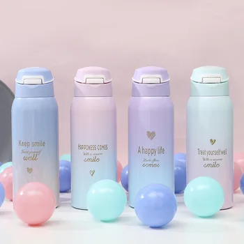 

Korean Style Cute Women Girl Thermos Double Wall Stainless Steel Vacuum Flask Fashion Insulated Termo Bottle with Silicone Straw