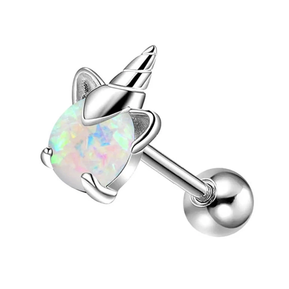 Body Punk 16g Cute Unicorn Cartilage Earring Opal Center Helix Stud