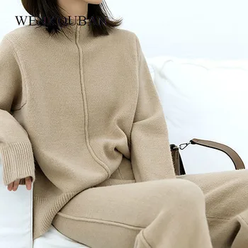 

Winter Two Piece Set Pullover Sweater Tracksuit Women High Waist Knit Wide Leg Pants Women Set Casual Ladies Outfits 2020