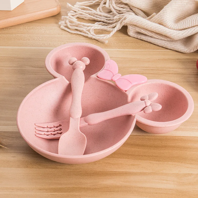 Натуральная пшеничная соломенная миска, набор детской посуды с рисунком из мультфильма, тарелка для кормления детей, детская тренировочная миска, ложка, вилка - Цвет: Pink Set