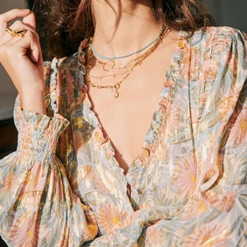 

Women V-neck Vintage Blouse 2020 Spring Summer gold line Glitter lantern long sleeve Fashion lady shirt and top