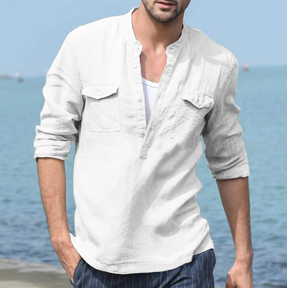 Men Clothes 2019 Button Cotton Linen Long Sleeve Shirts Casual Holiday Street Slim Fit Tops Four Color Mens Sexy V Neck Shirts