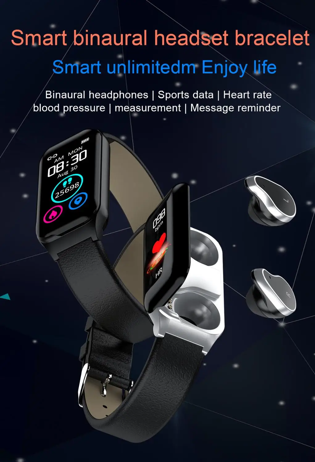 Smart Watch Men Women Smartwatch For Android IOS heart rate blood pressure watch Bluetooth headset two-in-one Band Smartwach