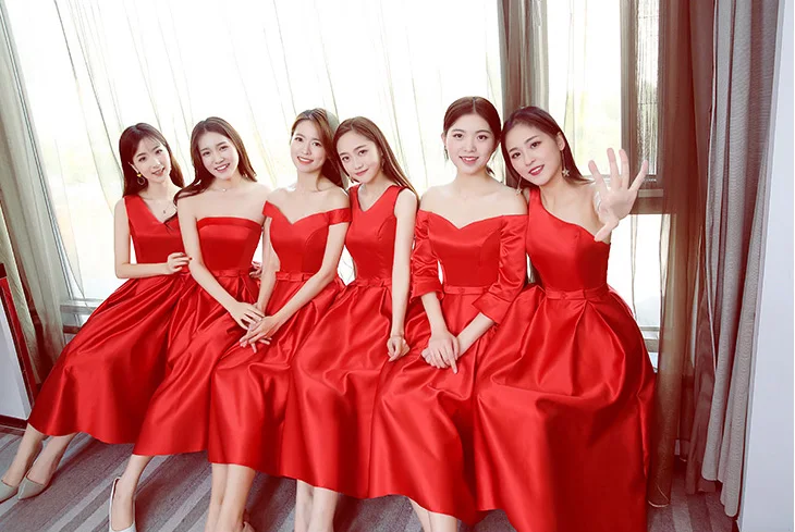 

Plus Size Bridesmaid Dress Red Taffeta Tea-Length A-Line Guest Wedding Party Dress Sexy Special Occasion Dresses Simple Vestido