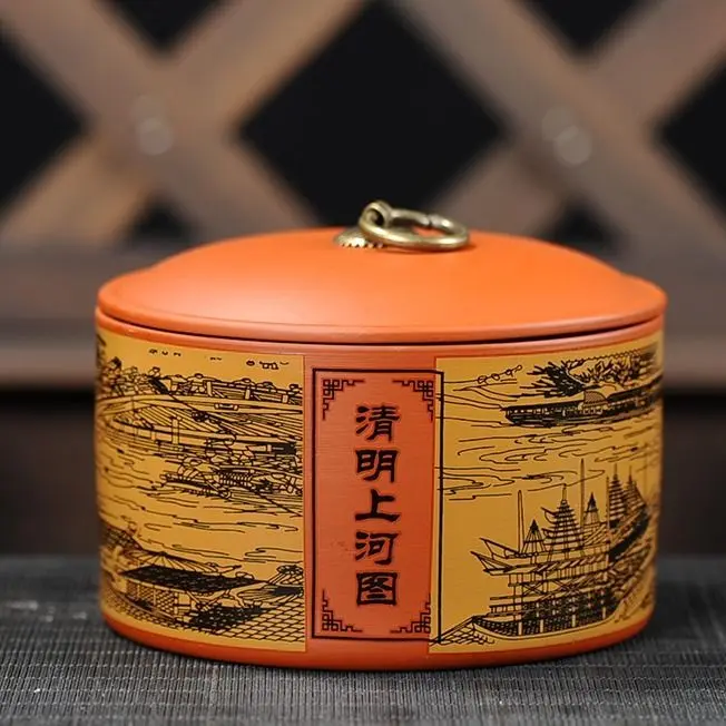 Qingming river map Темно-красная эмалированная керамическая банка для хранения чая, Ароматизированная чайная коробка, китайский традиционный чайный торт, влагостойкая чайная банка, маленькие банки - Цвет: Qingming river map