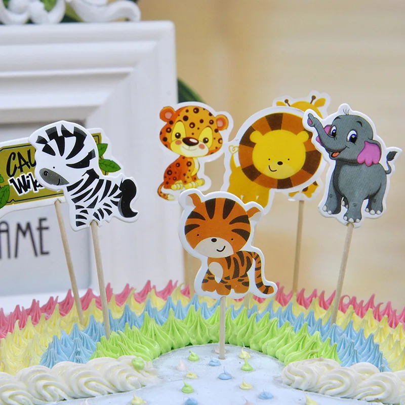 

24Pcs Jungle Animal ThemeElephant/Lion/Tiger Cupcake Toppers With Sticks Decorations Cartoon Inserts Boy Favors Cupcake Toppers