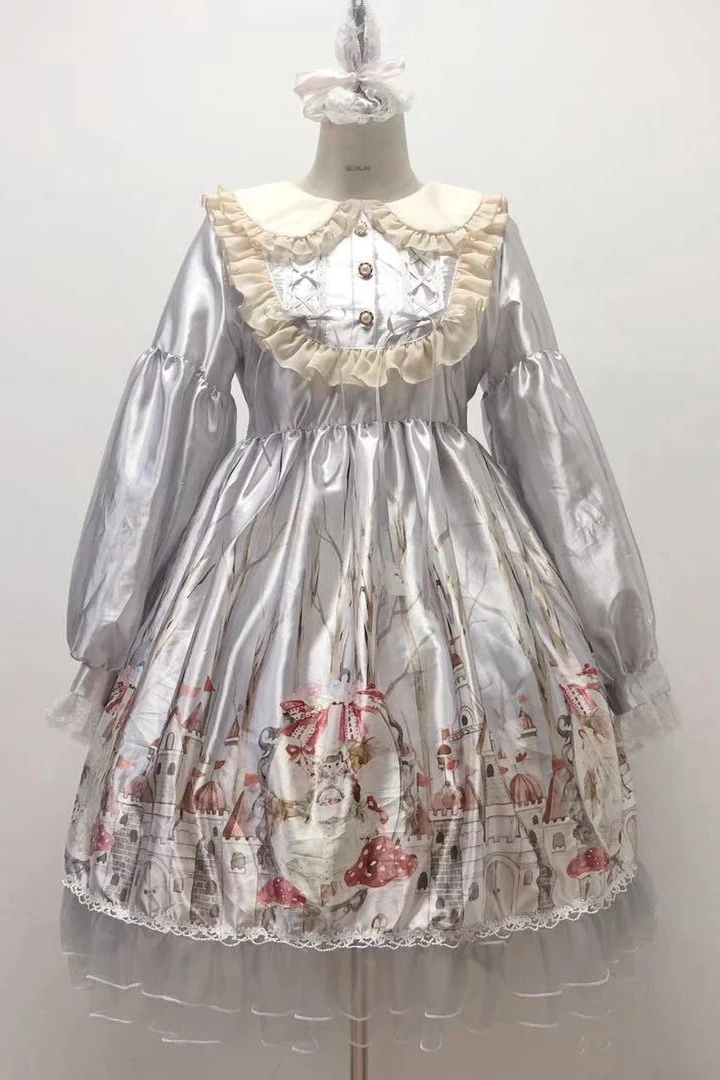 Милое женское платье в стиле Лолиты с длинным рукавом, платье в стиле Питера Пэна, платье для принцессы с воротником и бантом