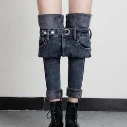 2021new plus size feminino quente de pelúcia jeans senhora cintura alta magro oversized lápis denim calças inverno velo mãe estudante azul