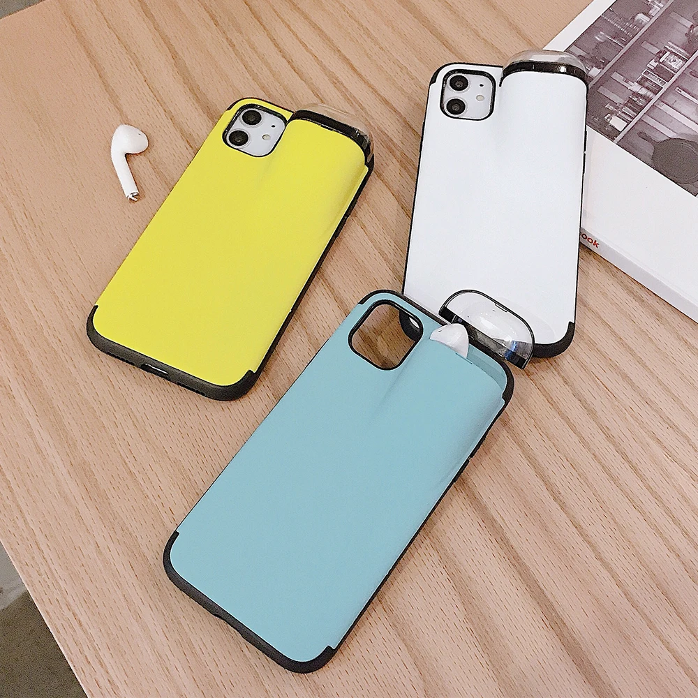 2 In 1 Phone Case Earphone Storage Box For iPhone 11 Pro XS MAX XR X Apple AirPods Soft Silicone Cover Headset Caps |