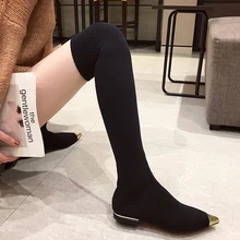 Женские сапоги-носки на толстом каблуке; Замшевые Сапоги выше колена с острым носком; botas mujer; сезон осень; женские высокие сапоги без застежки