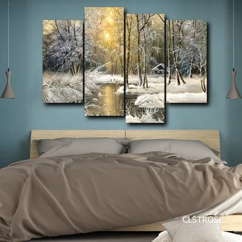 

4 Pieces Canvas Pictures Nordic Modern Style Winter Heavy Snow Jungle Sun Shine Posters For Living Room Decorative Unframed