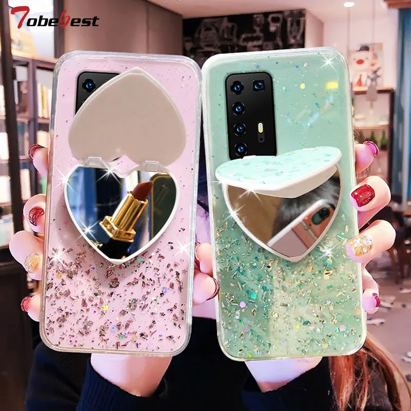 Heart Mirror Sequins Glitter Phone Case For Huawei P Series_voghion.com