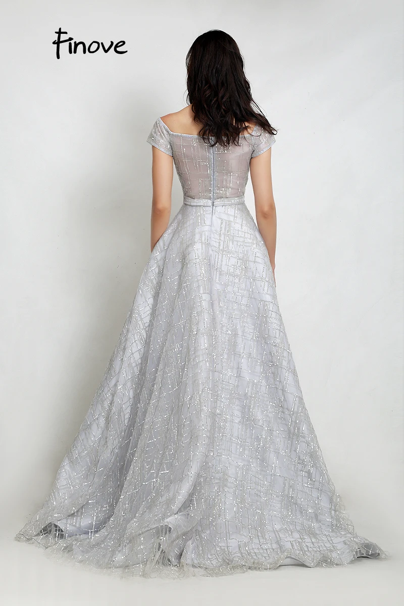 Finove Long Prom Dresses 2020 Grey Sparkly Sequined Elegant Square Collar A-line Floor Length Party Gowns In Women Dresses