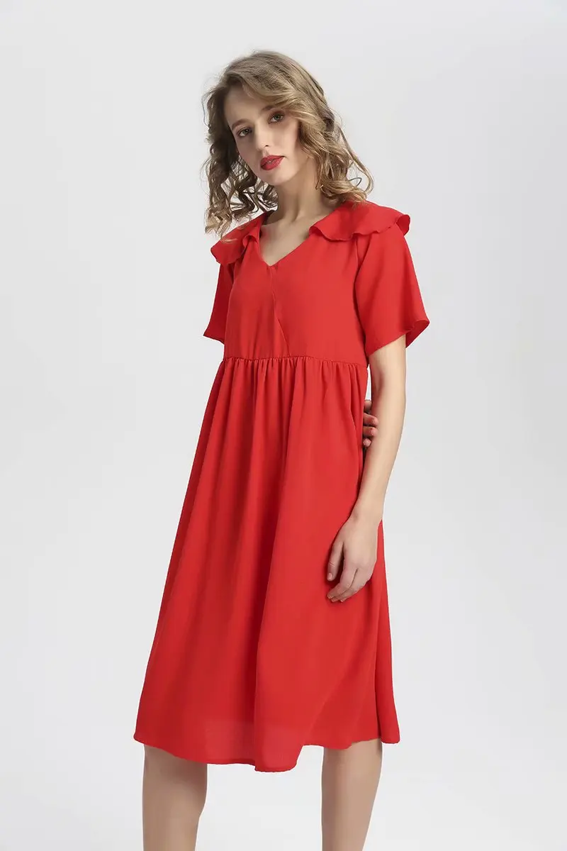 

Europe And America 2019 Amoi pin nv zhuang Vintage V-neck Short Sleeve Slimming Flounced Solid Color Loose-Fit Dress Medium-leng