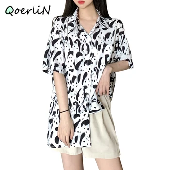 

QOERLIN Vintage White Short Sleeve Blouse 2020 Women Fashion Clothing Summer Korean Turn-down Single-breasted Shirt Femme Purple