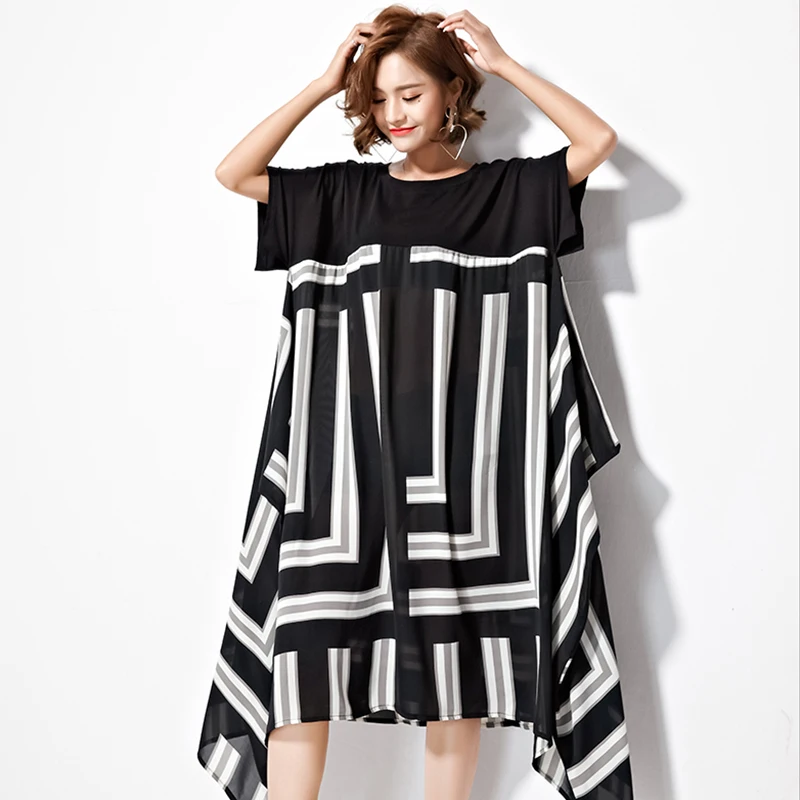 

Women Summer Dress Shirt Chiffon Irregular Hem Geometric Print European Fashion Casual Loose Plus Size Women’s Clothes