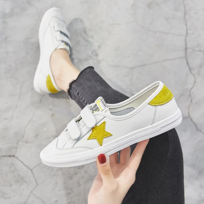 

White Shoes Women's 2019 New Style Korean-style Genuine Leather Breathable Velcro Students Versatile Base Low Top Summer Flat To