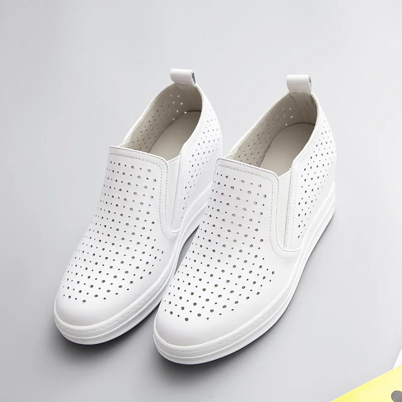 

2019 Spring And Summer New Style Thick Bottomed White Shoes Women's Genuine Leather Hollow out Breathable Slanted Heel Shoes WOM