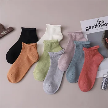 

2020 spring new pure cotton curled ladies boat socks solid color mesh female socks