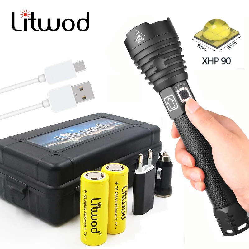 

Litwod Z90 XHP90 Flashlight power led flashlight powerful Tactical Flash light torch For Camping Hunting 26650/18650 battery