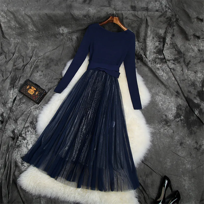 Новинка, модное дизайнерское осенне-зимнее платье-свитер, женское Элегантное трикотажное платье с длинными рукавами, пэчворк, миди, Тюлевое вечернее платье, женское - Цвет: Синий