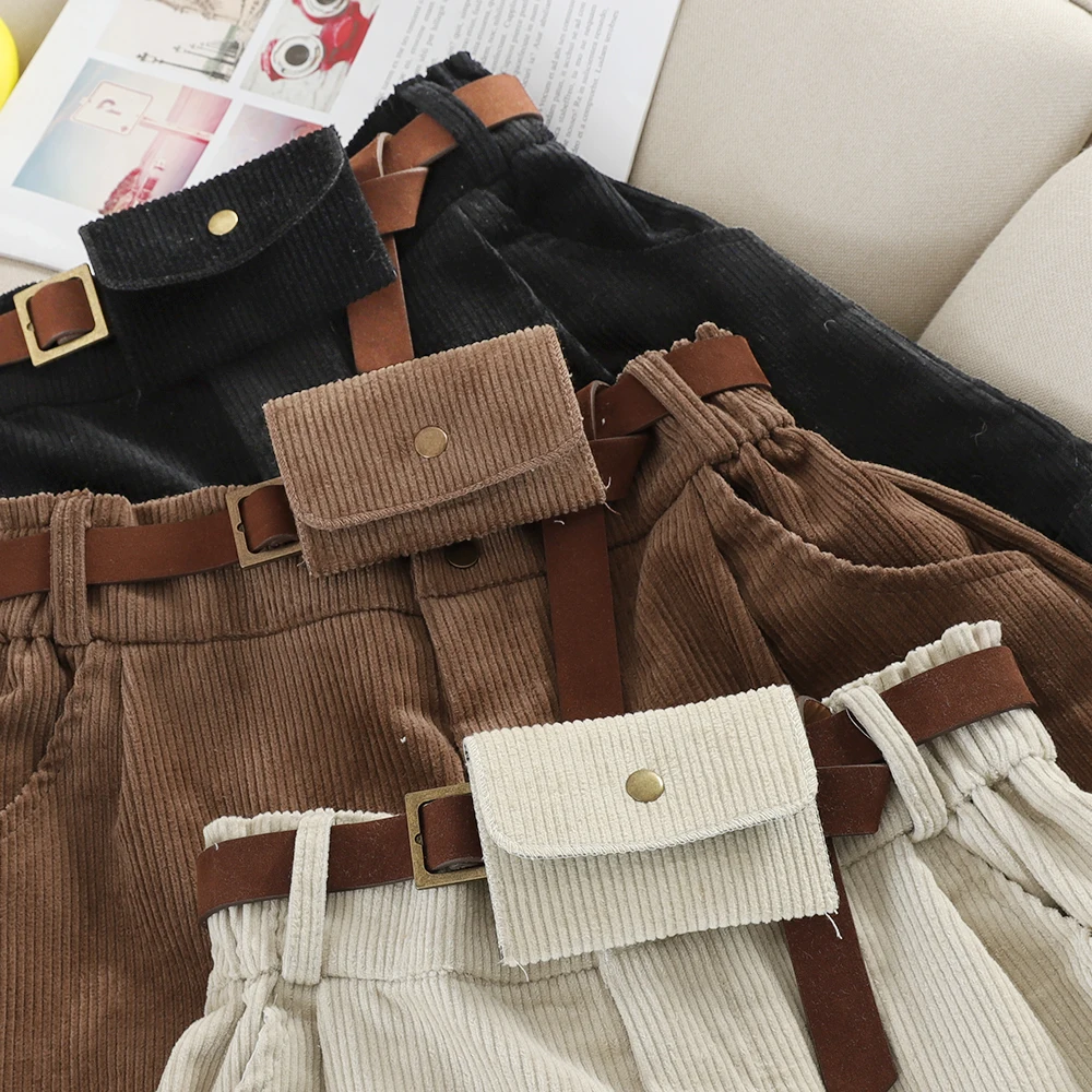 Винтажные вельветовые широкие короткие женские осенне-зимние сумки с завышенной талией с Саше повседневные женские шорты цвета хаки черные брюки