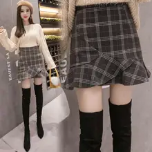 Новая женская юбка осень и зима с высокой талией шерстяная клетчатая короткая юбка рыбий хвост